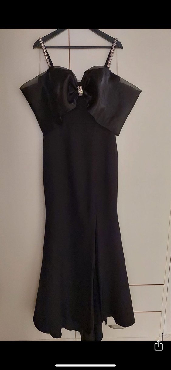 Siyah V Yaka Fiyonk Detay Uzun Abiye Elbise - Görsel 2