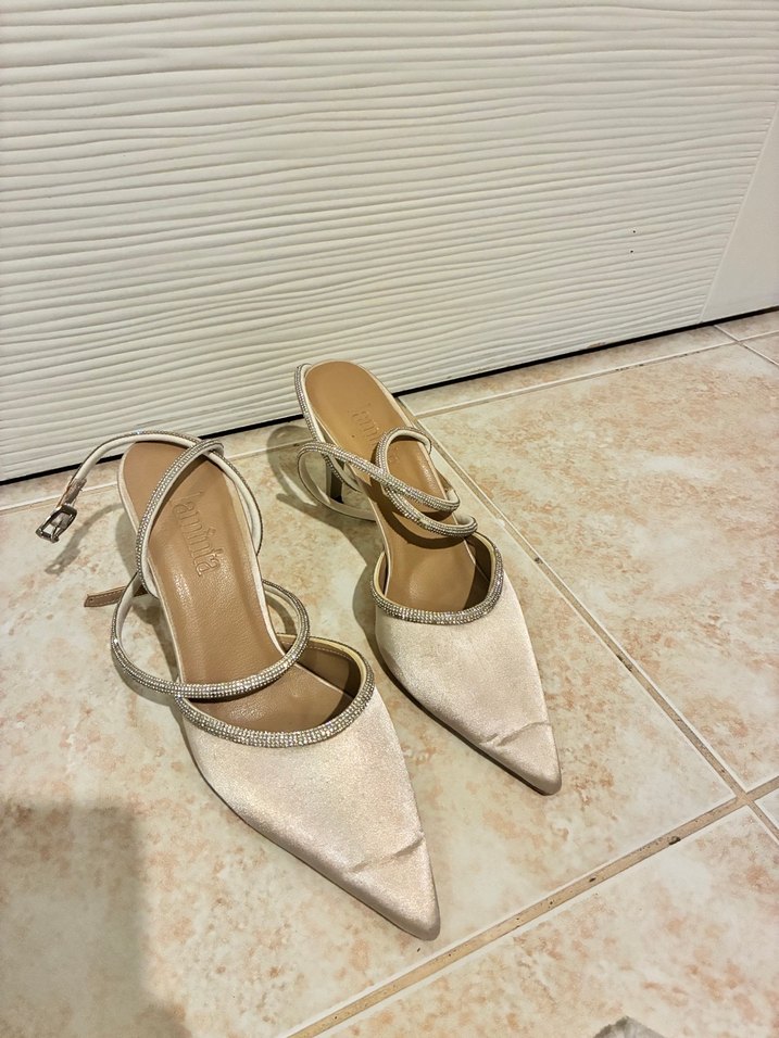 Bej Saten Stiletto Topuklu Kadın Ayakkabı - Görsel 3