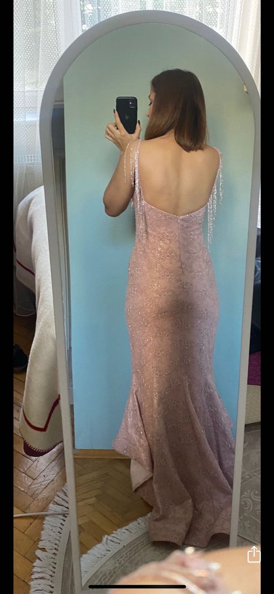 Dantel Detaylı Uzun Pembe Abiye Elbise - Görsel 2