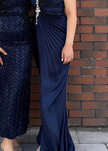 Straplez Lacivert Fırfırlı Uzun Abiye Elbise - Görsel 2