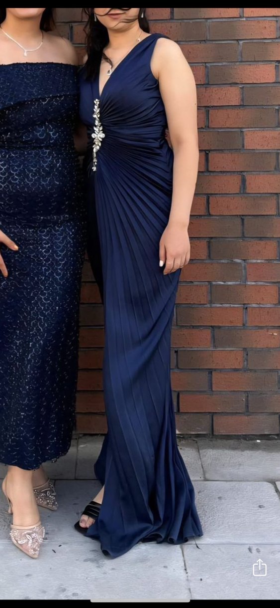 Straplez Lacivert Fırfırlı Uzun Abiye Elbise - Görsel 2