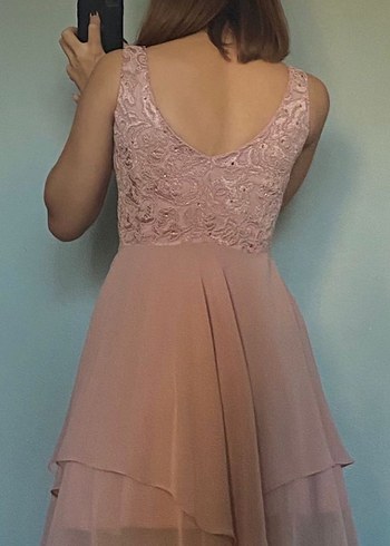 Pembe Nakışlı V Yaka Midi Abiye Elbise - Görsel 2