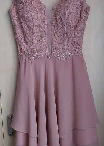 Pembe Nakışlı V Yaka Midi Abiye Elbise - Görsel 3