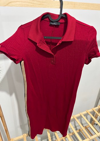 Bordo Polo Yaka Kısa Kollu Midi Elbise