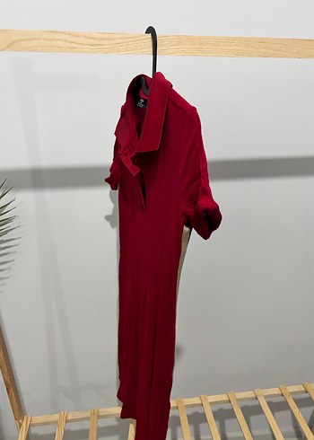 xs Beden bordo Renk Bordo Polo Yaka Kısa Kollu Midi Elbise