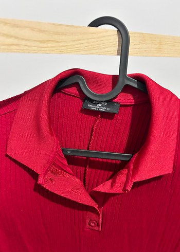 xs Beden Bordo Polo Yaka Kısa Kollu Midi Elbise