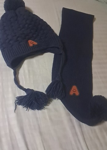 Koyu Mavi Örgü Çocuk Bere ve Atkı Seti - Görsel 4