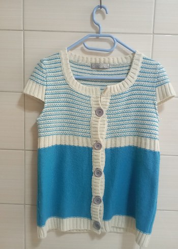 Mavi Kısa Kollu Triko Hırka - Görsel 2