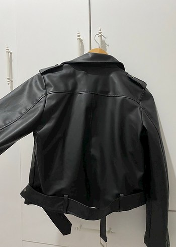 Kadın Siyah Kemerli Deri Biker Ceket - Görsel 3
