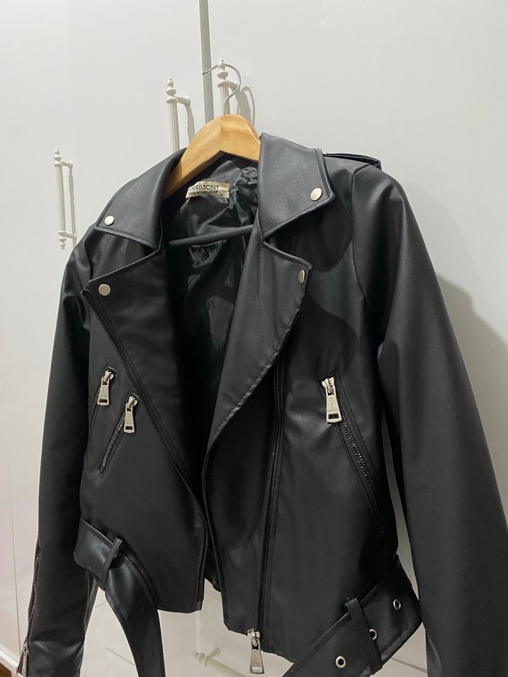 Kadın Siyah Kemerli Deri Biker Ceket - Görsel 2