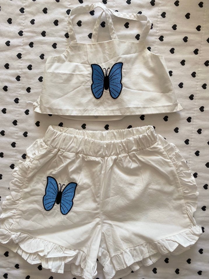 Kelebek Nakışlı Beyaz Bebek Kız Takım - Görsel 3