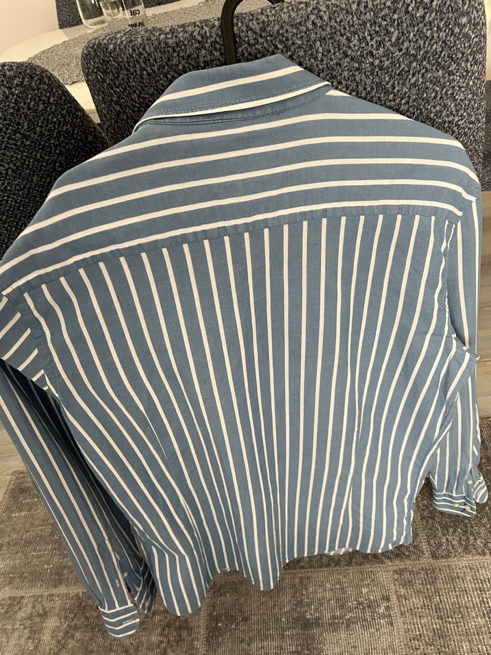 Uzun Kollu Çizgili Mavi Erkek Gömlek - Görsel 4