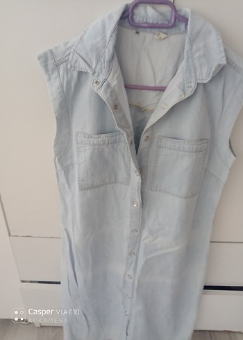 s Beden Gri Midi Denim Kolsuz Elbise