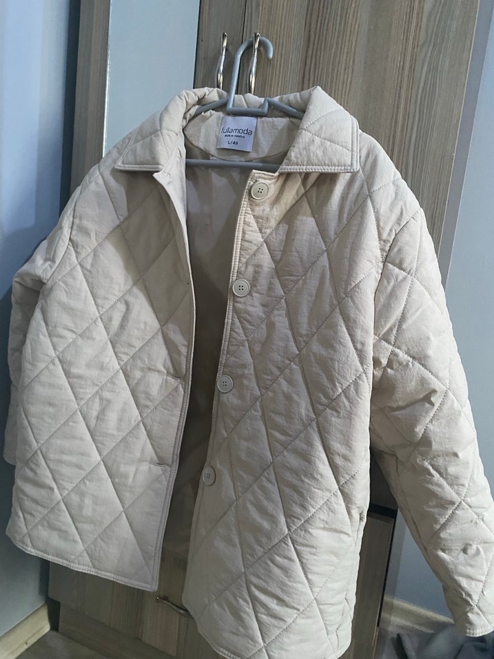 Düğmeli Beyaz Kadın Keten Mont - Görsel 2