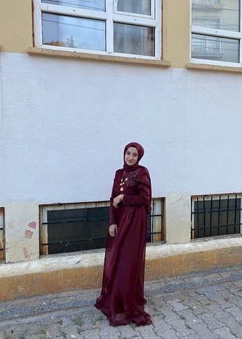 Abiye Bordo Uzun Kollu Tesettür elbise