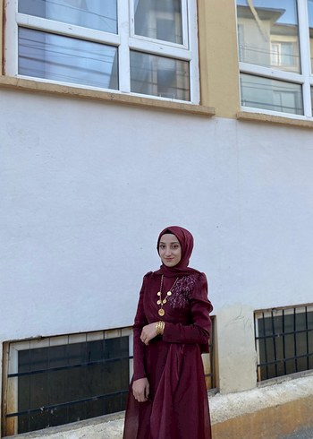 Bordo Uzun Kollu Tesettür elbise