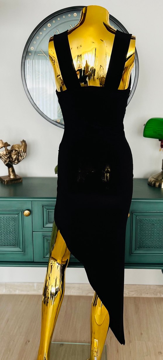 Siyah Uzun Drapeli V Yaka Kadın Elbise - Görsel 2