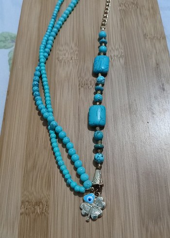 Uzun Turkuaz Boncuklu Bohem Kolye - Görsel 2