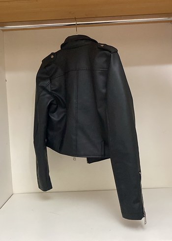 Siyah Mini Deri Biker Ceket - Görsel 3