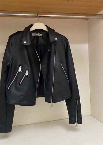 Siyah Mini Deri Biker Ceket - Görsel 2