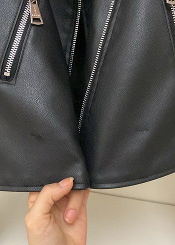 Siyah Mini Deri Biker Ceket - Görsel 5