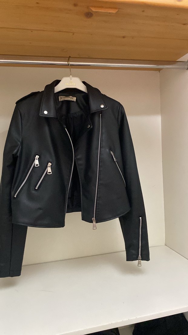 Siyah Mini Deri Biker Ceket - Görsel 2