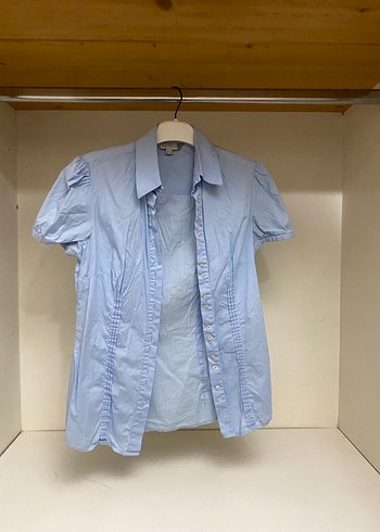 Mavi Kısa Kollu Düğmeli Kadın Gömlek - Görsel 2