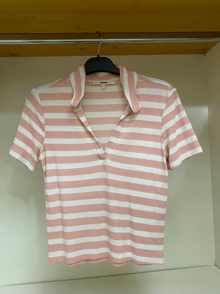 Kadın Pembe Çizgili Polo Tişört - Görsel 2