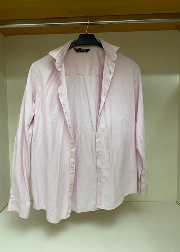 Pembe Keten Uzun Kollu Düğmeli Kadın Gömlek - Görsel 2