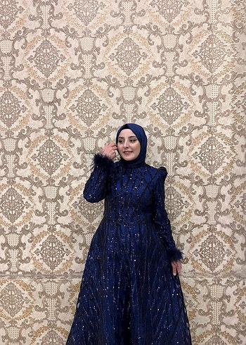 İşlemeli Lacivert Uzun Abiye Elbise - Görsel 2