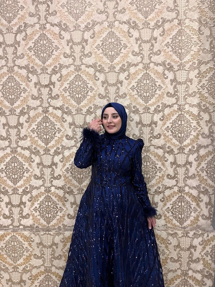 İşlemeli Lacivert Uzun Abiye Elbise - Görsel 2