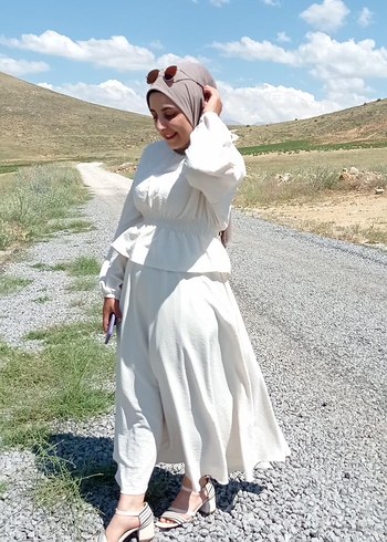 Beyaz Etnik Desenli Uzun Pamuklu Elbise - Görsel 2