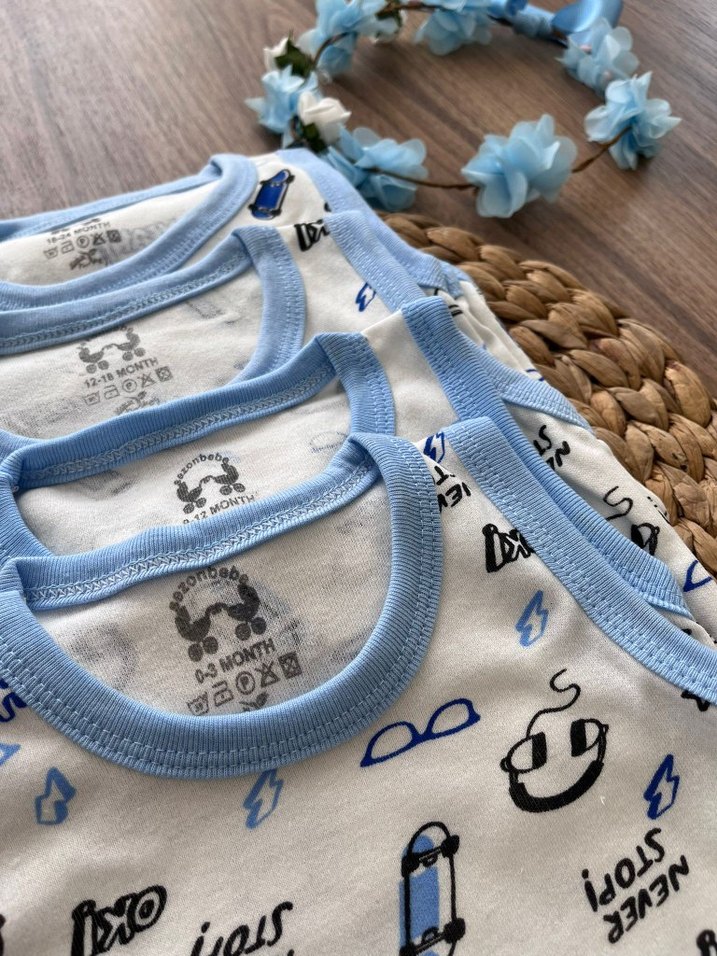 Mavi Desenli Erkek Bebek Kolsuz Çıtçıtlı Body - Görsel 3