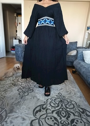 Nakışlı Siyah Uzun Bohem Elbise