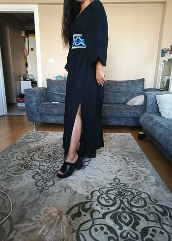 s Beden Nakışlı Siyah Uzun Bohem Elbise