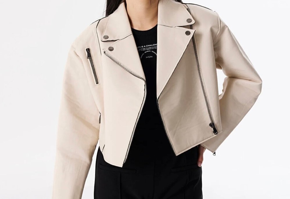 Bej Deri Kemerli Kadın Ceket - Görsel 2