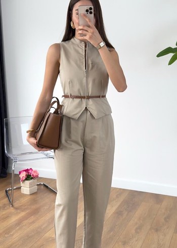 Bej Kemerli Kadın Midi Deri Tulum - Görsel 2