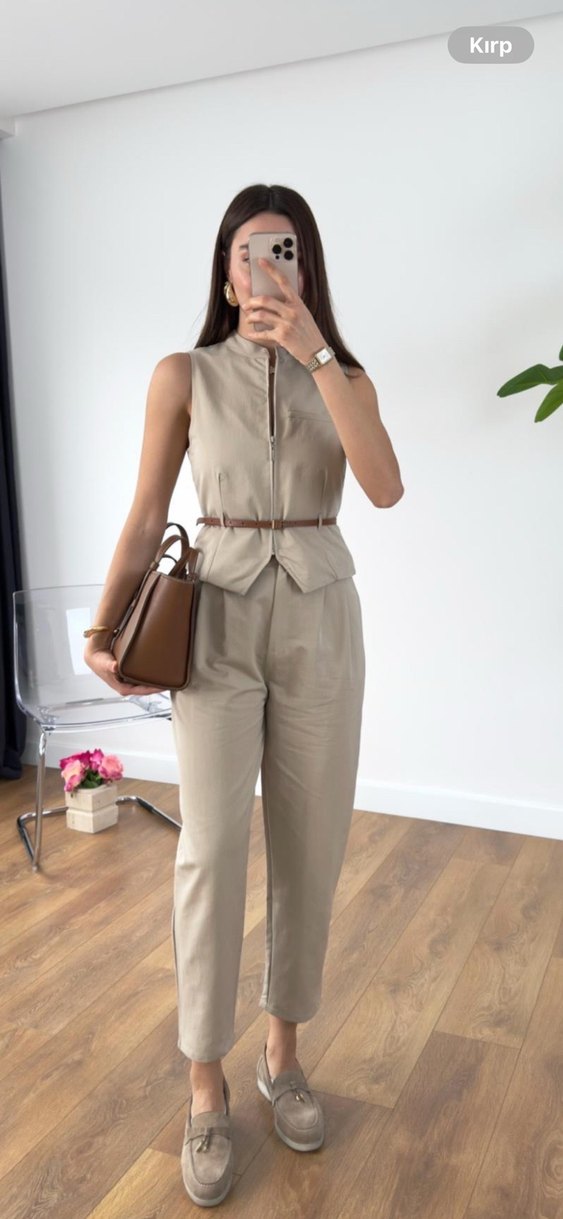 Bej Kemerli Kadın Midi Deri Tulum - Görsel 2