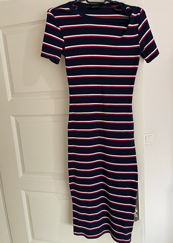 Çizgili Kısa Kollu Midi Elbise - Görsel 2
