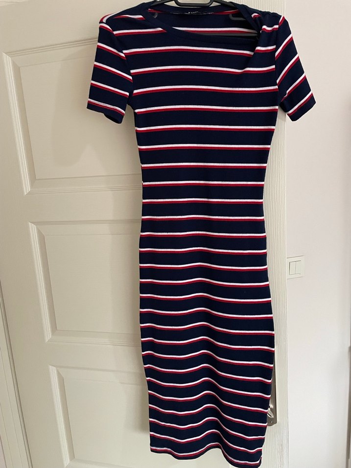 Çizgili Kısa Kollu Midi Elbise - Görsel 2