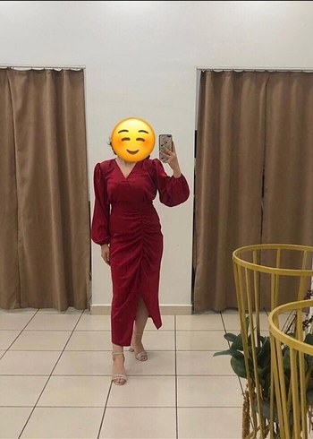 Diğer Kırmızı Uzun Drapeli V Yaka Kadın Elbise