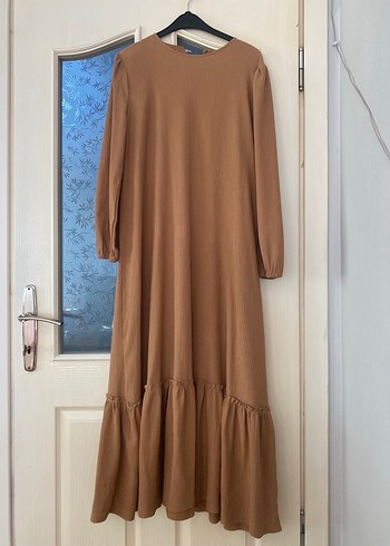 Bej Uzun Kollu Piliseli Keten Elbise - Görsel 2