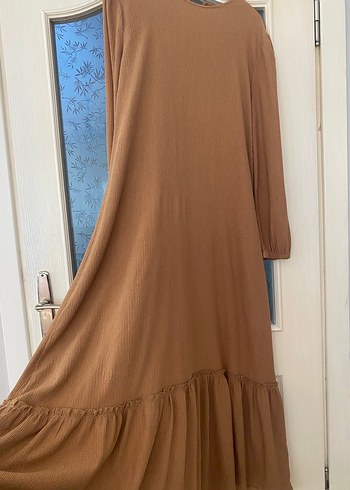 Bej Uzun Kollu Piliseli Keten Elbise - Görsel 3