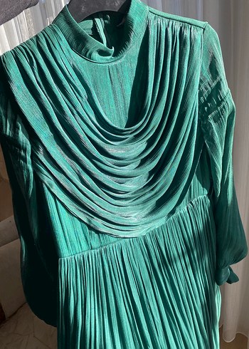 Yeşil Drapeli Uzun Kadın Elbise - Görsel 7