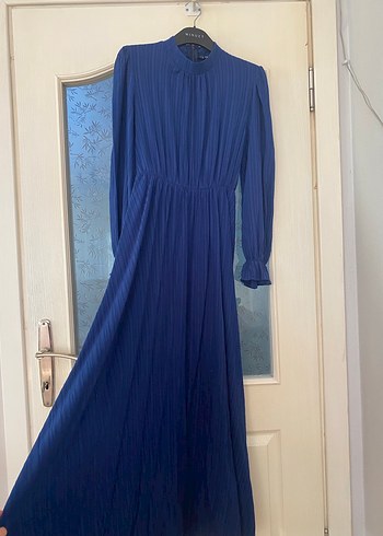 Lacivert Pilili Uzun Elbise - Görsel 3