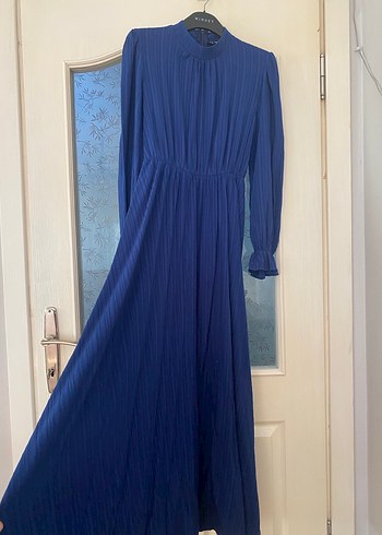 Lacivert Pilili Uzun Elbise - Görsel 4
