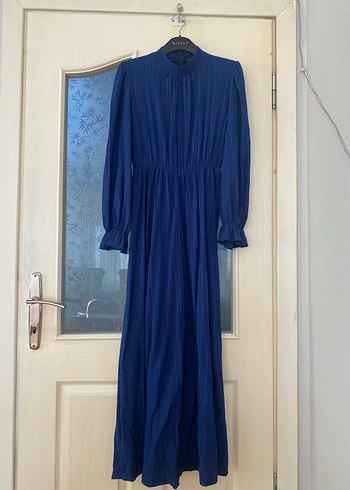 Lacivert Pilili Uzun Elbise - Görsel 2