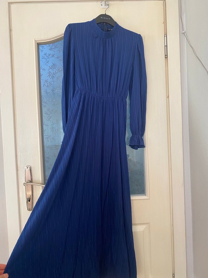 Lacivert Pilili Uzun Elbise - Görsel 3