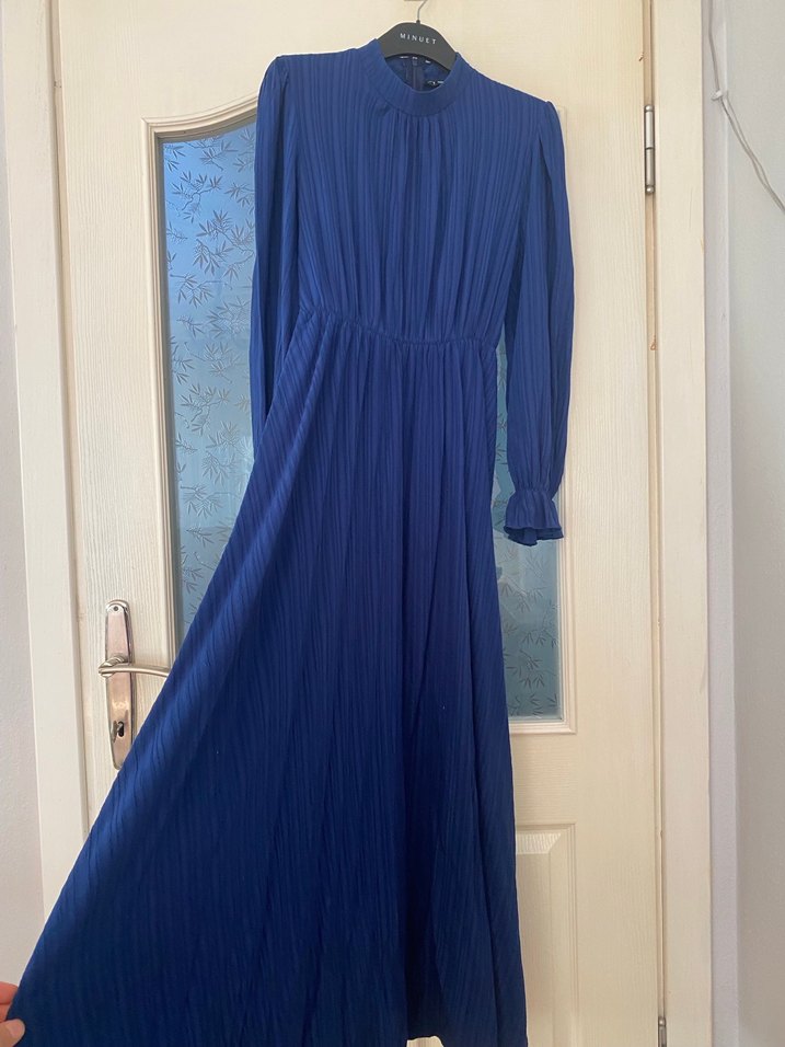 Lacivert Pilili Uzun Elbise - Görsel 4