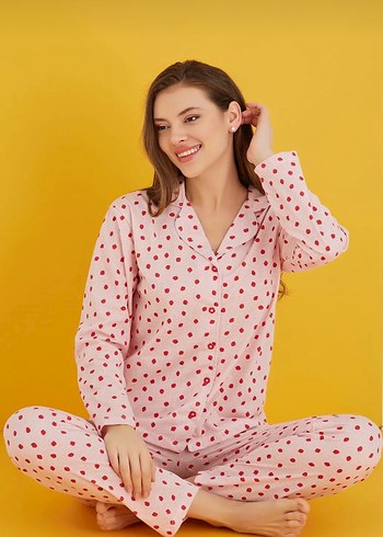 xxl Beden Pembe Puantiyeli V Yaka Kadın Pijama Takımı